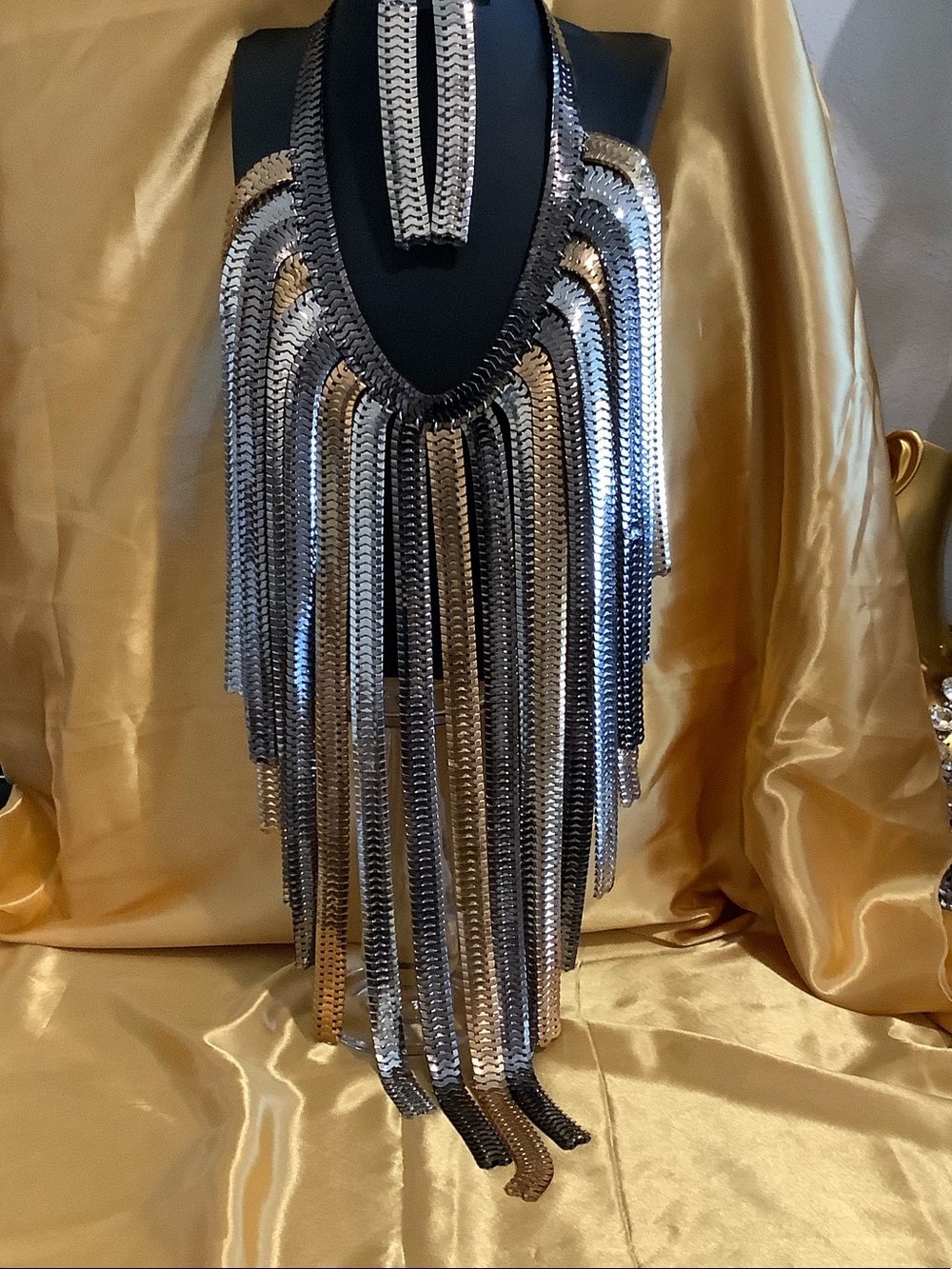 Statement Fringe Bib Necklace in Silver, Gold, and Black